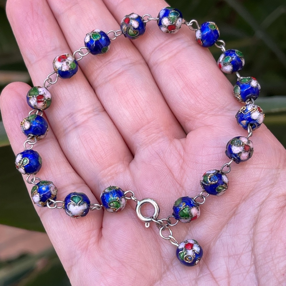 Vintage cloisonné bead silver tone bracelet - Picture 4 of 5
